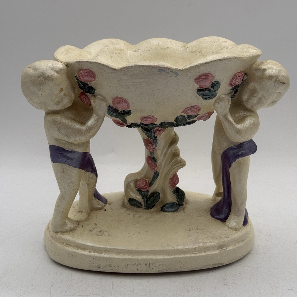 Vintage Plaster Chalkware Cherub Angel Soap Dish Jewelry Trinket‎ Pedestal Bowl